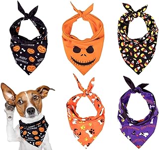 Whaline 5 Pack Halloween Dog Bandanas, Triangle Pet Scarfs Washable Pet Neckerchief Dog Bibs, Pumpkin, Ghost, Candy Corn a...