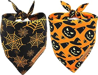 Realeaf Halloween Dog Bandanas 2 Pack, Pumpkin and Spider Web Bibs, Triangle Reversible Fall Pet Scarf, Multiple Sizes Off...
